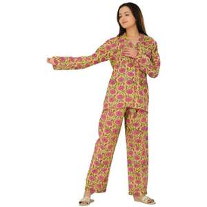 Cotton Pajama Set Floral Printed Long Sleeve Woven Shirt and <b>Pants</b> Soft Breathable Comfortable Summer Nightwear Sleepwear Set - Product Image 2