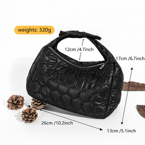 Bolso de Mano Acolchado para Mujer en Nailon Negro Cartera Ligera con Cierre para Dama Elegante Bolso de Hombro con Patrón Hexagonal - Product Image 2