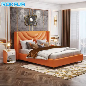 简约设计橙色双人床实木框架皮革床头板特大床豪华卧室家具