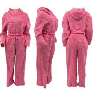 Pakaian Wanita Musim Dingin Tetap Hangat Tebal Dua Potong Hoodie Resleting Atasan dan Celana Panjang Kasual Set Dua Potong Warna Pink - Product Image 2