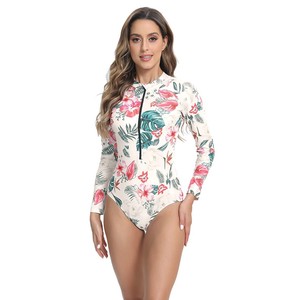 Traje de Baño de Una Pieza de Manga Larga con Estampado Digital, Cierre de Cremallera, Diseño Floral Sexy, Corte Ajustado, Ropa de Playa - Product Image 2