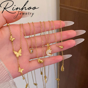 Collar delicado de acero inoxidable INS con piedra lunar, circonita, corazón, estrella, lazo y perla para mujer y niña, gargantilla de fiesta, joyería de oro. - Product Image 2