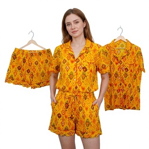 Women's 100% Cotton V-neck Geometric Print Short Sleeve Pajama Set Drawstring Closure Quick-Dry Breathable Casual Sleepwear - Product Image 1