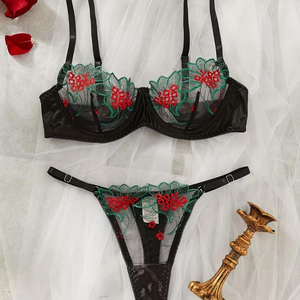 ชุดชั้นในเซ็กซี่ลายดอกไม้ปักลายลูกไม้แบบ Thong สีดำ แดง เขียว ระบายอากาศได้ดี กางเกงในเอวต่ำ 2 ชิ้น - Product Image 1