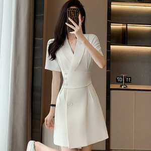White V-Neck Short Sleeve Suit Dress Women's Midi Skirt Office Lady Style Satin Fabric No-Wrinkle Treatment - Product Image 4