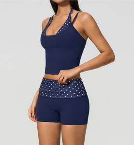 UV Protection Polka Dot 2 Piece Yoga Set Halter <b>Crop</b> <b>Top</b> Fold-over Waist Shorts 4-way Stretch Quick Dry Ruched Design Fitness - Product Image 4