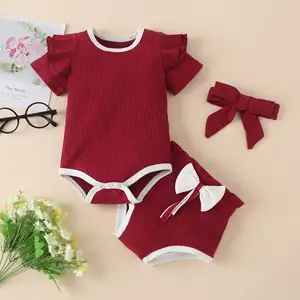幼児の女の子の甘い夏服柔らかい赤ちゃんの通気性のあるリブ編みの綿の赤ちゃんの夏服3個セット