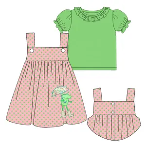 Kids Adorable Frog Applique Dress Clothing Set Baby Girls Spring Rainy Smocked Two Pieces Boutique Outfit