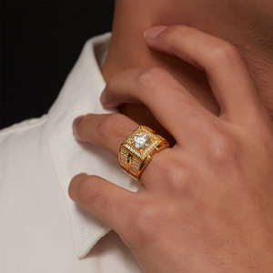 Men's Yellow <b>Gold</b> Plated Moissanite <b>Cocktail</b> <b>Ring</b> Round Brilliant Cut Geometric Design Pave Setting Luxury Style - Product Image 3