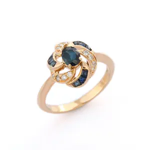 手工制作的天然蓝宝石和钻石花戒指14k实心玫瑰金鸡尾酒戒指女饰品