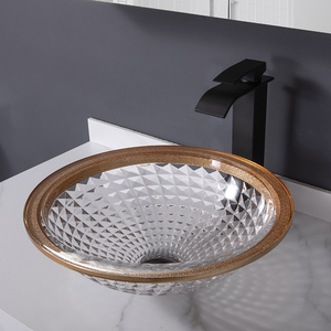 Italië Niche Design Kristallen Wastafel Diamantpatroon Badkamer Ijdelheid Boven Gemonteerd Glazen Bassin Met Gouden Rand - Product Image 1