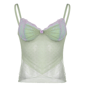 Top Corto Sexy Y2K de Malla Transparente con Puntos y Dobladillo Cruzado para Mujer, Camisola sin Mangas de Encaje, Top de Tirantes para Fiesta y Club, Estilo Urbano - Product Image 6