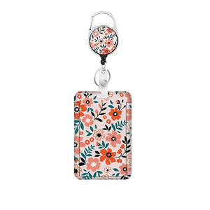 Extendable pink flower <b>ID</b> badge clip with lanyard, easy-pull buckle, detachable neck strap, and personalized vertical card - Product Image 5