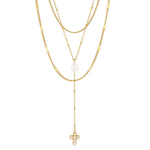 Collares de cadena en capas con dijes de perlas naturales y circonitas para mujer, collares apilados de acero inoxidable con cadena en Y para clavícula, joyería. - Product Image 5