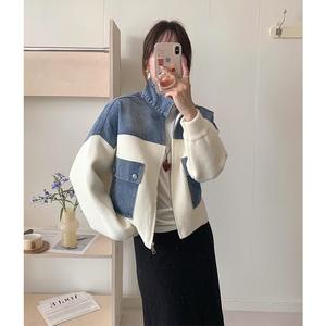 Chaqueta de suéter de retazos de <span class=keywords><strong>vaquero</strong></span> para <span class=keywords><strong>mujer</strong></span>, nuevo cárdigan de punto versátil corto y elegante para Otoño e Invierno - Product Image 1