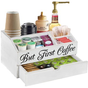 Caja de almacenamiento para barra de café con cajón y compartimentos para K-Cups, azucarero, crema y otros, organizador de escritorio de 10L, negro y blanco, acabado quemado claro. - Product Image 4