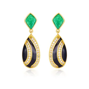 HAIKE Original 925 Sterling Silver Plated Gold 2 Tone Zircon Vintage Elegant Malachite Versatile Drop Earring