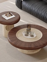 Nouveau modèle 2026 : Ensemble de tables basses en travertin de style médiéval, en bois massif, aspect vintage haut de gamme pour petit salon