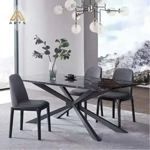 工厂批发现代设计黑色金属底座家具高品质大理石餐桌6椅餐桌套装