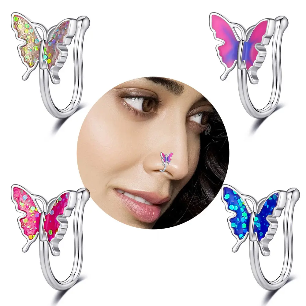 Cincin Hidung Kupu-kupu Tetes Minyak 4 Warna, Perhiasan Perak Baja Nirkarat Palsu Tidak Menusuk Klip Pada Manset Telinga untuk Wanita