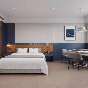 Lit plateforme Queen en bois MDF économique pour hôtel, avec tête de lit, table de chevet assortie et matelas – Mobilier de chambre complet - Product Image 2