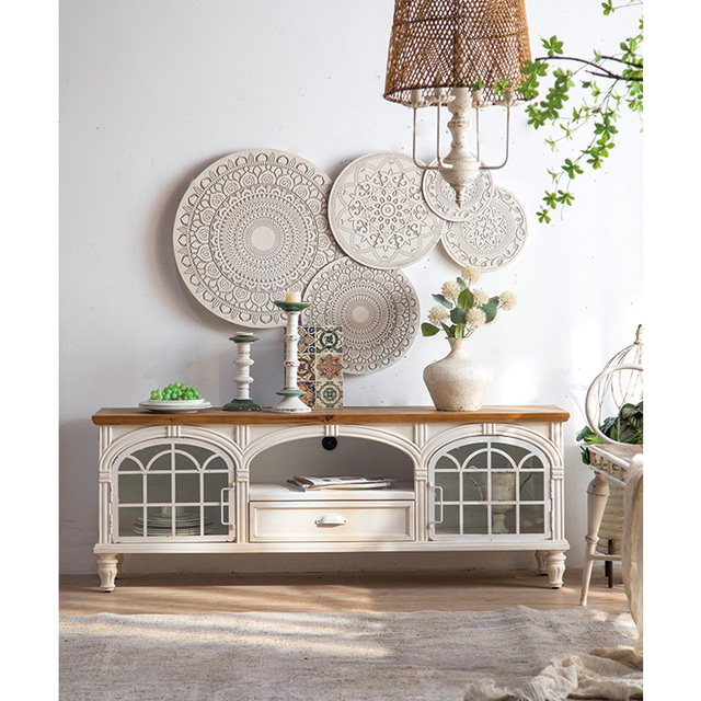 Wood TV Cabinet Retro Design Living Room Solid TV Stand White Luxury Classic European Style Storage Durable Bedroom