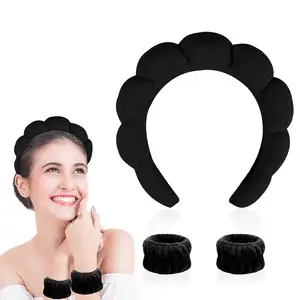 Vintage Custom Logo Soft Puffy Padded Terry Hair Bands Towel Cloth Fabric Wrist Head Band Set Makeup Sponge Spa Headbands