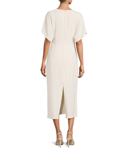 Elegante Vestido Midi Blanco de Satén con Manga Casquillo, Cuello Redondo, Silueta Ajustada Tipo Lápiz, Ropa Formal - Product Image 5