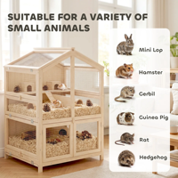 Jaula de madera para hámster, casa para animales pequeños con plataforma de malla de alambre, bandeja extraíble, techo inclinado, multinivel, para mascotas de interior