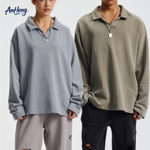 Sweat-shirt à col polo oversize pour homme, en coton délavé vintage, à manches longues, avec bords usés, style streetwear décontracté, OEM - Product Image 1