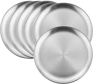 Dishwasher safe 9 inch 10 inch Kids 18/8 Stainless Steel Dishes Dinner Plates for Snack Pizza and BBQ Camping Plates