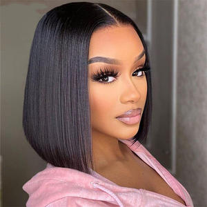 Perruque courte et droite style rose, en fibre Kanekalon noir pur, avec raie au milieu, frange et dentelle transparente, pour femme - Product Image 3