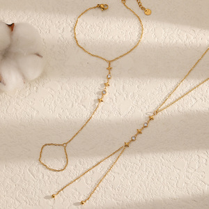 Stainless Steel Star Necklace <b>Bracelet</b> <b>Set</b> Gold Plated Sweater Chain With Rhinestones Geometric Design For Women - Product Image 2