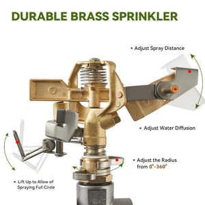 Brass Impact Sprinkler on Spike 360° Rotating Adjustable Lawn Sprinkler with 1/2" 3/4" Thread Garden Yard Irrigation System - Product Image 5