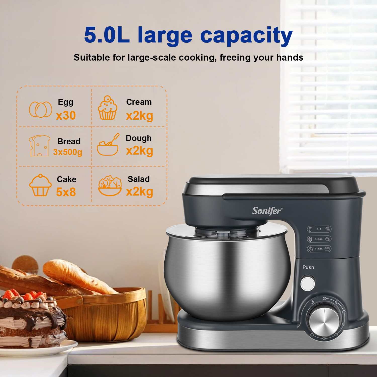 Sonifer SF-8166 5L 1200W Multifunctional Food Mixer with Stainless