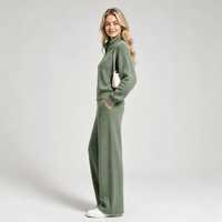 Ensemble deux pièces tricoté pour femme avec logo personnalisé OEM : Cardigan zippé en maille douce et pantalon large – Collection Automne Hiver