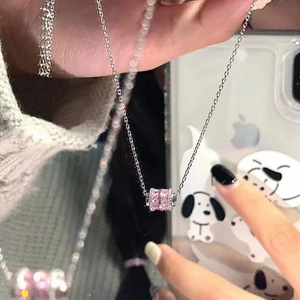 Collana con Ciondolo Sottile Placcato Argento all'Ingrosso, con Zircone Rosa Incastonato, per Donne e Ragazze - Product Image 4