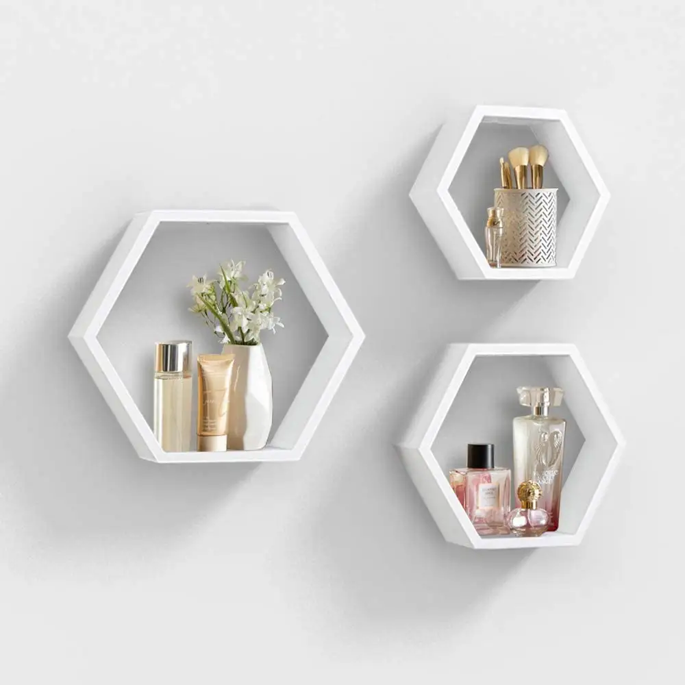 Wall Mounted Hexagon Floating Shelves, Wooden Wall Organizer Hanging Shelf for Home Decor,