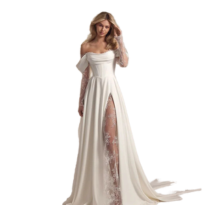 Vestido de Novia Elegante y Moderno de Talla Grande, Corte en A, Largo hasta el Suelo, Cintura Natural, Ecológico, con Hombros Descubiertos, Espalda Descubierta y Manga Larga - Product Image 1