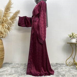1948# Satin Material Islamic Muslim Feather Print Solid Color Border Loose Sleeves Women Summer Cardigan - Product Image 4