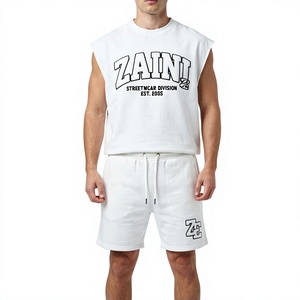 Ensemble court sans manches en molleton de coton tricoté respirant 300 GSM de qualité supérieure, blanc, deux pièces, tenue streetwear - Product Image 1