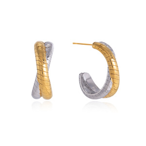 Boucles d'oreilles Huggie en acier titane, design géométrique bicolore, pour femme, bijoux cadeau - Product Image 5