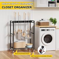 Chariot de nettoyage mobile en métal résistant à la rouille avec support pour balais et serpillères, armoire de rangement et porte-serpillères