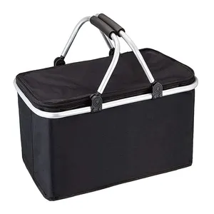 Custom Foldable Picnic Basket Market Grocery Basket Insulated Collapsible Basket Cooler Lunch Bags with Strong Aluminum Frame
