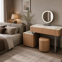 Ensemble de coiffeuse avec armoire latérale Pandora, plateau en pierre frittée, miroir LED, bois massif pour chambre à coucher, décoration intérieure