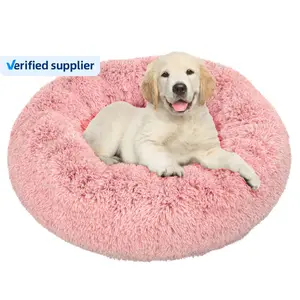 Üretici toptan özel sıcak lüks peluş kabarık büyük Donut köpekler kediler için Pet köpek yatakları yuvarlak yıkanabilir çıkarılabilir Dogbeds