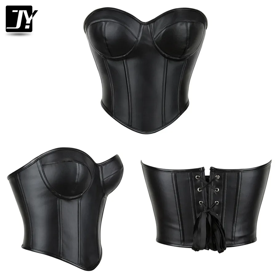 Women's PU Leather Overbust Corset Bandana Tube Tops Lace up Strapless Boned Body Shaper Bustier