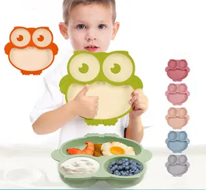 硅胶可爱猫头鹰造型防倾覆儿童餐盘婴儿餐盘带吸盘一体式双色