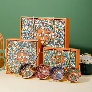 Bohemian 4.5inch Ceramic Bowls Plates with Chopsticks Set Porcelain Rice Bowl Dinner Plate For Gift Custom Logo