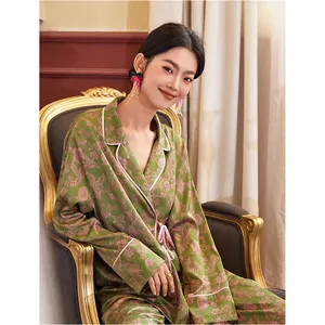 Set piyama celana panjang lengan panjang tipis wanita kotak-kotak Diagonal Jacquard Lapel sutra es cetak bunga seksi mode populer 2024